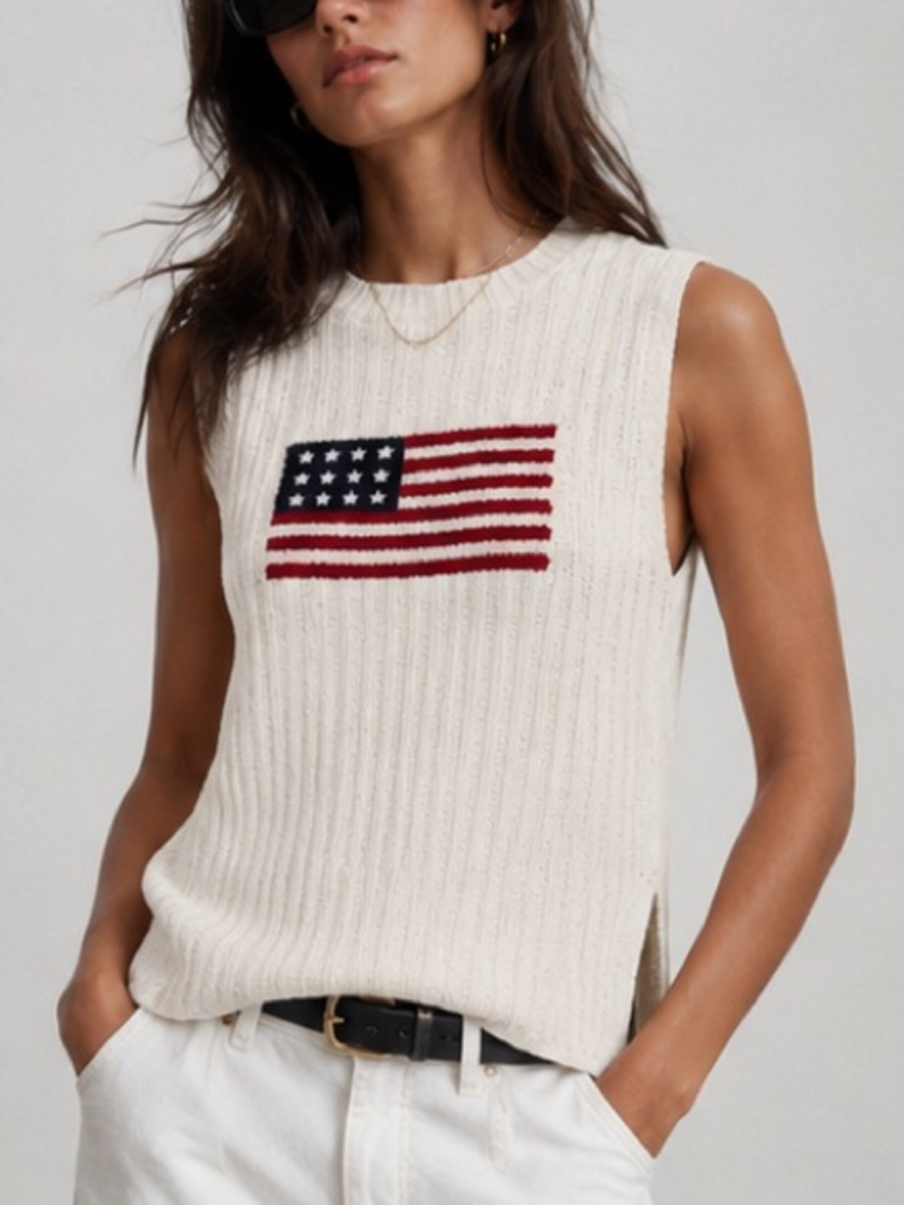 Sleeveless Ivory Knit Tank with Flag Motif